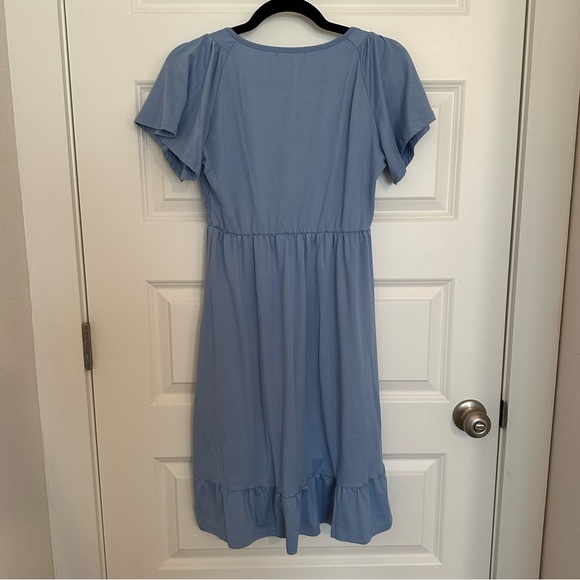 Maternity Smocked Short Sleeve Summer Dress V Neck Boho Ruffle Casual Swing Midi - Picture 4 of 11